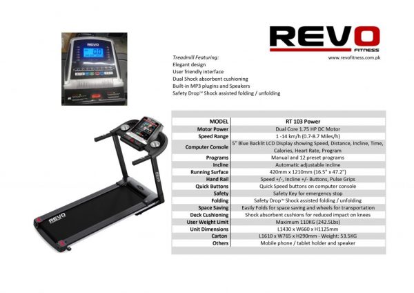 Revo Treadmill RT103 Motorized 1.75HP 110Kg
