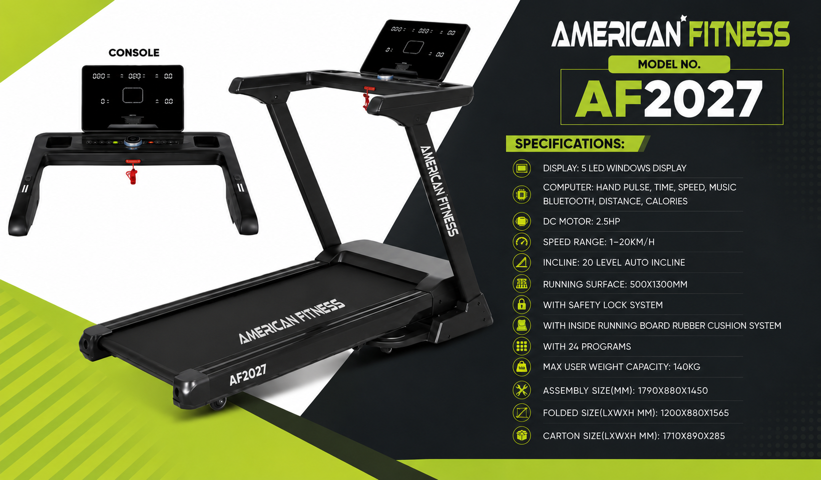 American fitness Treadmill AF2027 with Auto incline