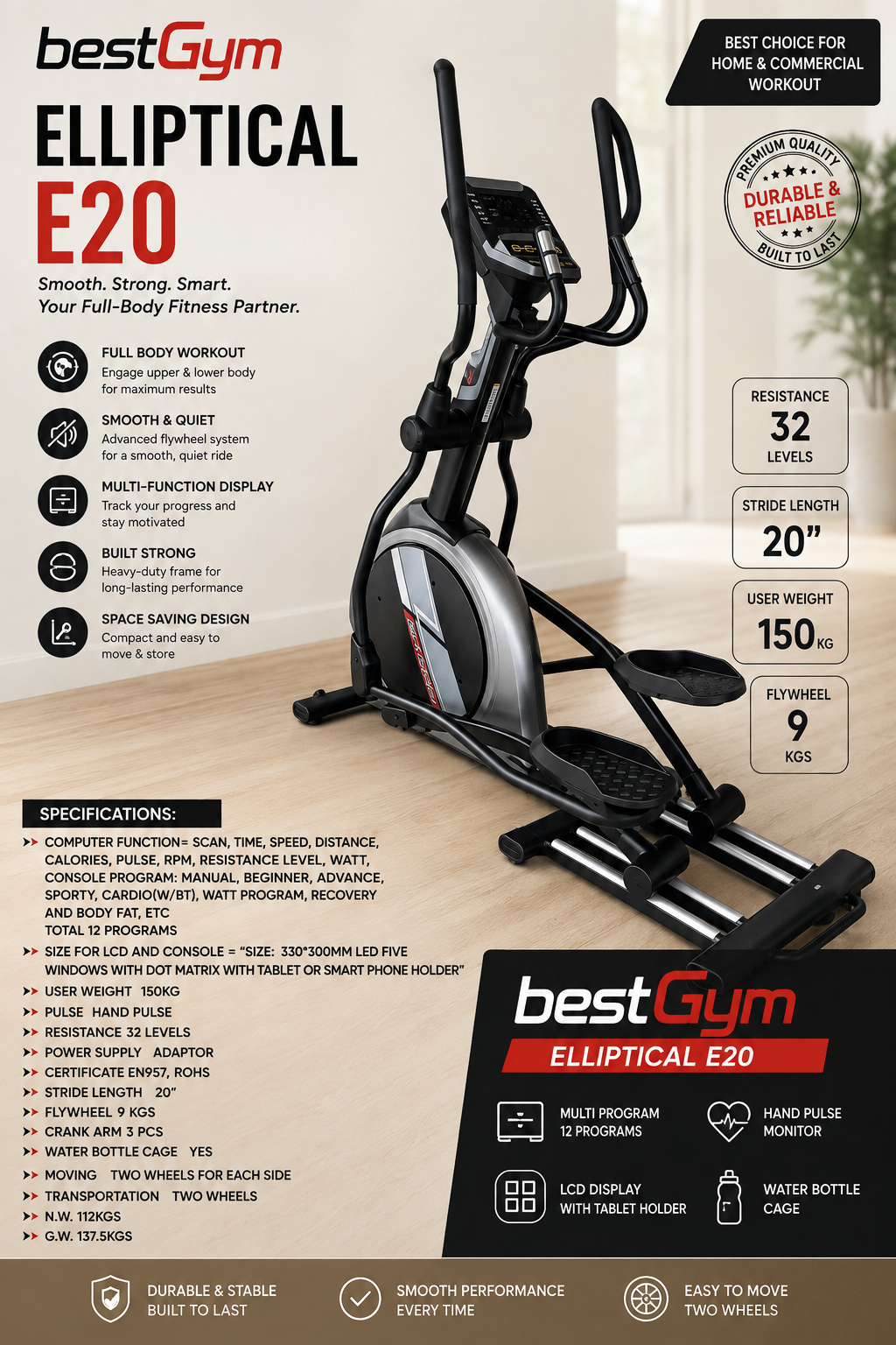 BesGym commercial Elliptical Trainer E20